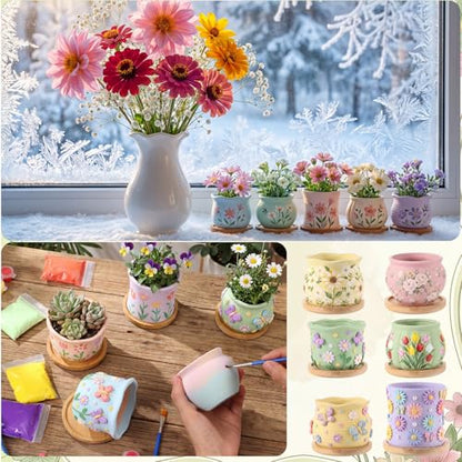 10 Pcs 3.5 Inch Mini Succulent Pots with Bamboo Tray Paint Your Own Ceramic Pot Craft Kit Ready-to-paint Small Planters Container with Drainage Hole Paint Set Clay Kit DIY Craft for Plant Lover