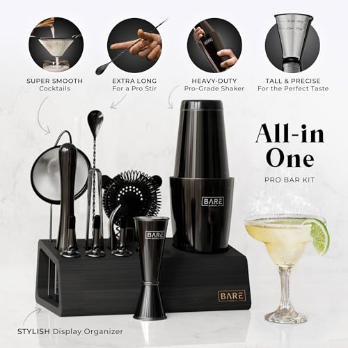 BARE BARREL® Mixology Bartender Kit Bar Set | 14-Piece Cocktail Shaker Set | Martini Barware Mixing Tools for Home Bartending | Incl. 35 Recipe Cards | Gift Set (28oz Boston Shaker, Jet Black/Black) - color: Jet Black/Black
