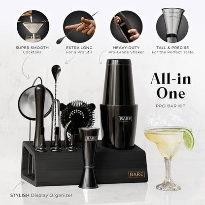 BARE BARREL® Mixology Bartender Kit Bar Set | 14-Piece Cocktail Shaker Set | Martini Barware Mixing Tools for Home Bartending | Incl. 35 Recipe Cards | Gift Set (28oz Boston Shaker, Jet Black/Black) - color: Jet Black/Black
