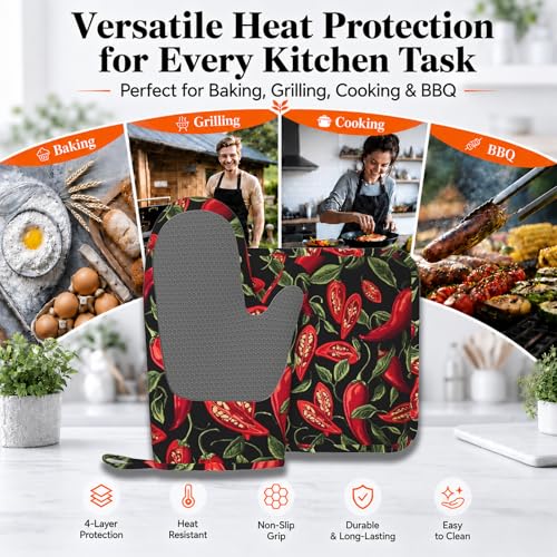 Mexican Hot Pepper Chili Oven Mitt and Pot Holder with Silicone Heat Resistant Kitchen for Cooking BBQ Baking Grilling Cooking Protection - color: Mexican Hot Pepper Chili