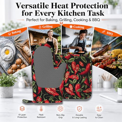 Mexican Hot Pepper Chili Oven Mitt and Pot Holder with Silicone Heat Resistant Kitchen for Cooking BBQ Baking Grilling Cooking Protection - color: Mexican Hot Pepper Chili