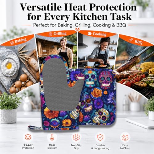 Day of The Dead Oven Mitt and Pot Holder with Silicone Heat Resistant Kitchen for Cooking BBQ Baking Grilling Cooking Protection - color: Day of the Dead