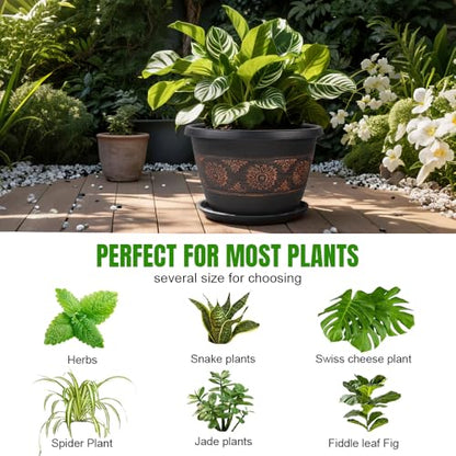 8 Inch Retro Plant Pots 6 Pack with Drainage and Saucers Copper | Copper retro PP pots with drainage holes and saucers for herbs succulents starter plants shelves and windowsills - color: Copper, size: 8 Inches-6 packs