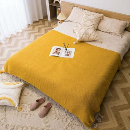 Waffle Knitted Blanket with Pom Pom Tassels,Throw for Bed Couch (Beige 28 * 91in) - color: Beige, size: 28*91in