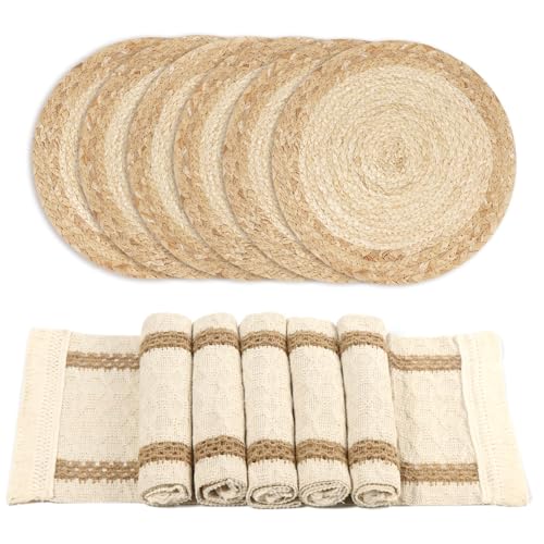 Boho Table Runner & 6-Piece Woven Placemats Set - Natural Cotton Burlap & Water Straw Combination, Bohemian Dining Decor for Kitchen & Parties