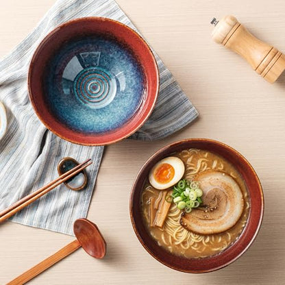 8 Inch Ceramic Ramen Bowl Set of 2, 40oz Japanese Bowls with Spoons & Chopsticks,Durable,Microwave & Dishwasher Safe,Perfect for Ramen,Pho,Salad,Soup,Noodles，Mixing bowls (Aurora Galaxy) - color: Aurora Galaxy