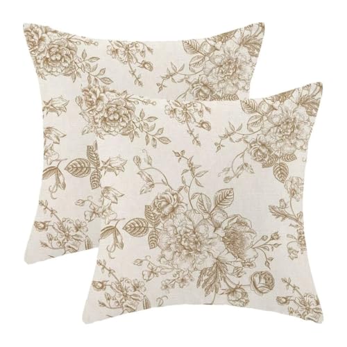 AEIOAE Chinoiserie Floral Pillow Covers 18 x 18 Inch Set of 2, Vintage Tan Khaki Flower Decorative Throw Pillow Covers Outdoor Linen Farmhouse Decor Pillowcase for Home Sofa - color: Tan Khaki Chinoiserie, size: 18" x 18" (Pack of 2)
