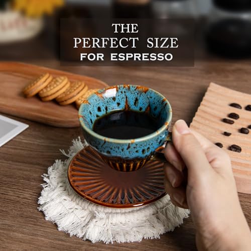 2 oz Espresso Cups Set of 2, Ceramic Cappuccino Cups with Saucers, Durable Porcelain Tea Set & Modern Coffee Cup Collection, Coffee Lover Gifts