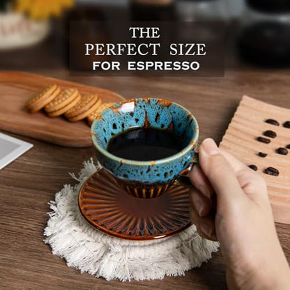 2 oz Espresso Cups Set of 2, Ceramic Cappuccino Cups with Saucers, Durable Porcelain Tea Set & Modern Coffee Cup Collection, Coffee Lover Gifts
