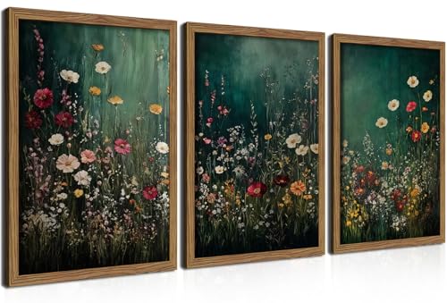 Vintage Wildflower Wall Art Set of 3, Moody Dark Green Flower Botanical Wall Decor Paintings,Nature Floral Farmhouse Landscape Posters Prints Pictures for Living Room Bedroom 12x16 Inch Wood Framed - color: Dark Florals, size: 16L" x 12W"