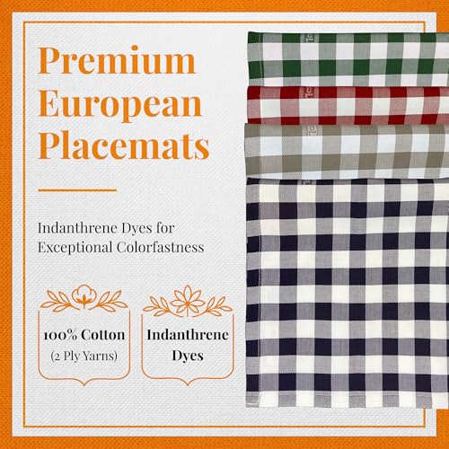 Premium Gingham Check Cloth Placemats by Carlo Lamperti Italy (Set of 4) 100% Cotton Green Plaid Place Mats, 20x14 Jacquard Woven Cloth Stain Release Fabric for Dining Table, Machine Wash - color: Oregano