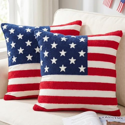 Patriotic American Flag Pillow Covers Set of 2 18x18, Chenille - color: Red, White, Blue, size: 18" x 18" (Pack of 2)
