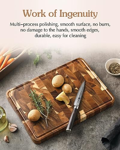 XINZUO Acacia Wood End Grain Cutting Board (13.8''L x 9.8''W x 1''T)-Wooden Chopping Board with Non-Slip Feet, Side Handles and Juice Groove - size: 13.8"L x 9.8"W