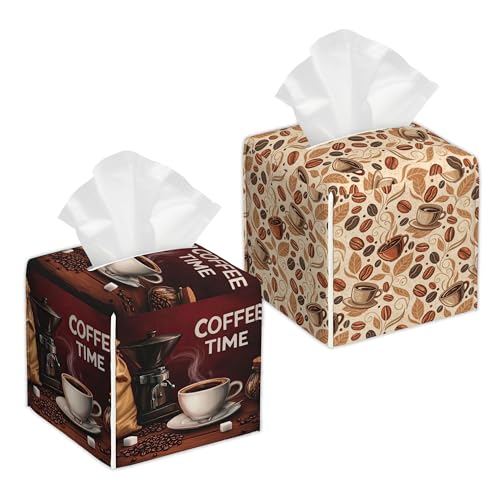 Vintage Coffee Time 2 Pcs Tissue Box Cover Square Leather Tissue Case Holder Facial Paper Organizer Decorative for Bathroom Kitchen Car Office Home Decor - color: Vintage Coffee Time