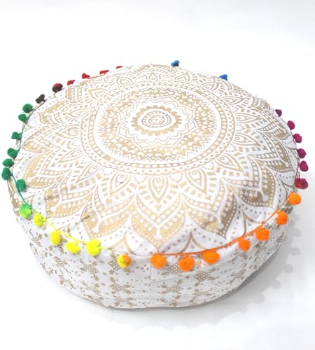 CRAFT KALA 16" Round Large Hippie Mandala Meditation Floor Ottoman Pillow Cushion Pouf Cover Square Poufs Bohemian Circle Floor Cushion Case Outdoor Fireplace Yoga Living Room Decor Cover Golden Ombre - color: Golden, size: 16"D x 16"W x 5"H