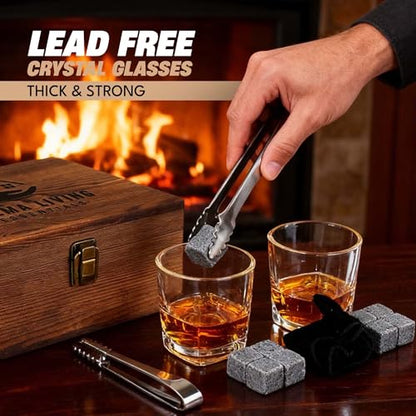 Whiskey Stones Gift Set with 10oz Lead-Free Crystal Whiskey Glass, Reusable Chilling Stones, Velvet Bag & Stainless Steel Tongs – Luxury Wooden Box Gift for Men