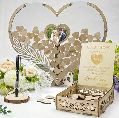 Wedding Guest Book Alternative, Rustic Heart Shaped Wooden Guest Book with 100 Wooden Hearts Tree for Wedding Party Birthday, Personalized Wedding Decor with Guest Sign-In Box & Heart Frame for Photo