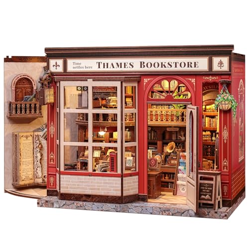 Book Nook Kit - 3D Wooden Puzzles for Adults | DIY Miniature House Kit Booknook British Style Bookshelf Decor Gifts for Women Readers Book Lovers (Thames Bookstore) - style: Thames Bookstore