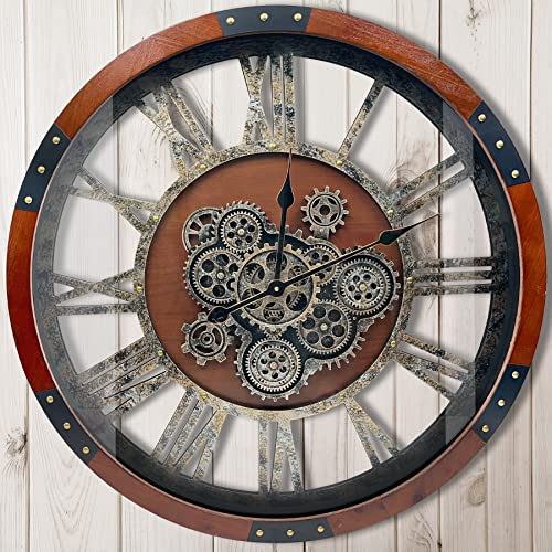 27" Original Moving Gears Wall Clock, Large Industrial Wall Clock for Living Room Decor, Retro Metal Solid Wood Vintage Farmhouse Steampunk Rustic Clocks for Wall Decor,Black Walnut - color: Black Walnut, size: 68cm / 27 inch