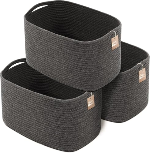 CHAT BLANC Cotton Rope Baskets for Organizing, Shelves, Toys, Storage, Shoe, Bathroom, Laundry, Towel, Nursery, Home Decor, Blanket, Cloth Woven Bins Fabric (Graphite, 15"x10"x9") - color: Graphite