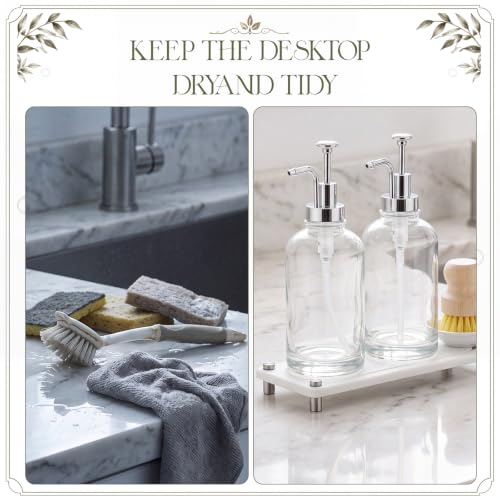 Kitchen Soap Dispenser Set, 2 Pcs 16 oz Clear Glass Bottles with Pump, Instant Dry Diatomite Tray Waterproof Labels Dish Brush and Holder Non-Slip Base for Kitchen and Bathroom(White)