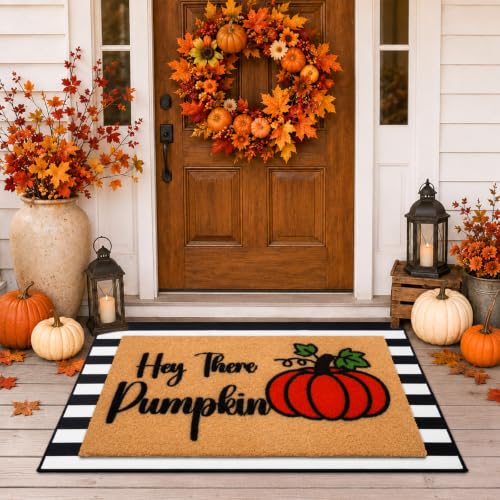 2 Pcs Fall Pumpkin Welcome Doormat-Fall Decor Black White Door Mat Set | Hey There Pumpkin Outdoor Non Slip Coir Rubber Backing Rug with Autumn Thanksgiving Decor for Home Porch Entryway Entrance - color: Brown and Pumpkin