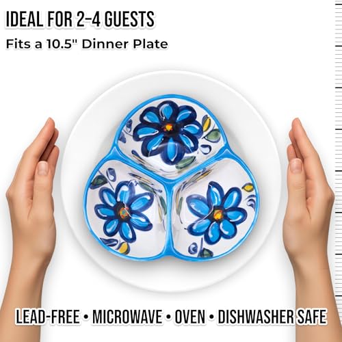 3-Compartment Ceramic Serving Dish, Handmade in Spain | 7.5” divided chip and dip bowl with lead-free glaze, microwave, oven and dishwasher safe, ideal for tapas, snacks and sauces - color: Blue Daisy
