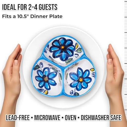 3-Compartment Ceramic Serving Dish, Handmade in Spain | 7.5” divided chip and dip bowl with lead-free glaze, microwave, oven and dishwasher safe, ideal for tapas, snacks and sauces - color: Blue Daisy