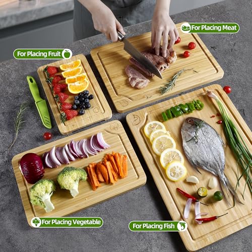 WILLKOMMEN 4-Piece Bamboo Cutting Boards for Kitchen, Chopping Board Set with Food Icon (Meat, Fish, Vegetables, Fruits) Butcher Block with Stands, Handles & Juice Grooves (Small, Medium, Large, XL) - color: Bamboo Set of 4