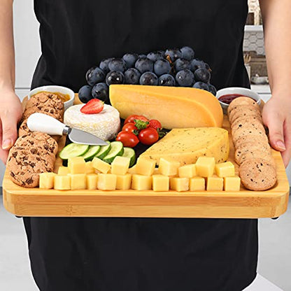 ROYAMY Bamboo Cheese Charcuterie/Serving Board and Knife Set with Round Tray, Wooden Cheese Platter/Tray, Perfect for Christmas, Anniversary,Wedding,Housewarming Gift Ideas