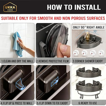 Suction Cup Corner Shower Caddy with Hooks and Towel Bar for Bathroom. Aluminum, Reusable, Rustproof, No Drill, No Tools, No Glue. Multifunctional, Hang Towel, Loofah, Sponge (2 Pack, Gray)