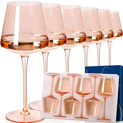 Light peach orange Wine Glasses Set of 6,18oz Blush Pink Wine Glassware Gift Set-Pale peach Hand Blown light peachy-orange Glass Drinkware for Red White Wine - color: Light Amber