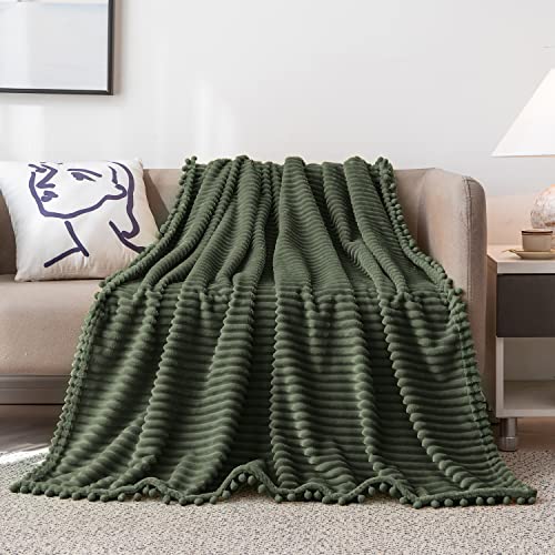 DISSA Fleece Blanket Twin Size – 60x80, Olive Green – Soft, Plush, Fluffy, Fuzzy, Warm, Cozy – Perfect Throw for Couch, Bed, Sofa - with Pompom Fringe - Flannel Blanket Throw Blanket - color: Olive Green, size: 60x80"