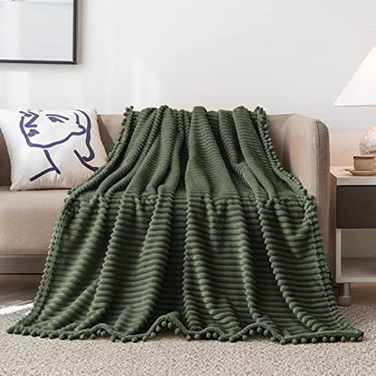 DISSA Fleece Blanket Twin Size – 60x80, Olive Green – Soft, Plush, Fluffy, Fuzzy, Warm, Cozy – Perfect Throw for Couch, Bed, Sofa - with Pompom Fringe - Flannel Blanket Throw Blanket - color: Olive Green, size: 60x80"