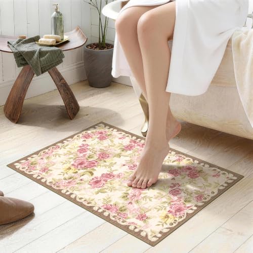 Washable Non-Slip Small Area Rug 16x24, Also a Door Mat or Pet Feeding Mat | Soft Low-Pile Faux Wool Carpet for Entryway, Bathroom, Bedroom, Kitchen, Kid & Pet Friendly, Stain, Fade & Wear Resistant - color: Dusty Pink, Cream and Sage Green, size: 1'4" x