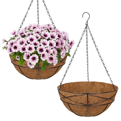 2 Pack 12 inch Metal Hanging Baskets for Plants Outdoor Metal Wire Hanging Basket Planter with Coco Fiber Liners Flower Pots for Home Porch Garden Patio, Diamond-Shaped - size: 12" x 2 Pack, style: Diamond