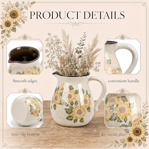 Retro Rustic Ceramic Utensil Holder 6.1" Modern Farmhouse Utensil Crock with Handle Kitchen Organizer for Countertop Home Decoration Housewarming Gift(Sunflower) - style: Sunflower
