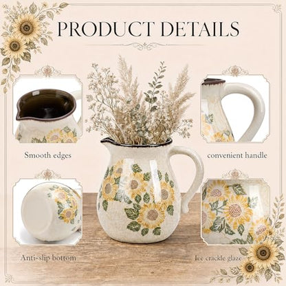 Retro Rustic Ceramic Utensil Holder 6.1" Modern Farmhouse Utensil Crock with Handle Kitchen Organizer for Countertop Home Decoration Housewarming Gift(Sunflower) - style: Sunflower