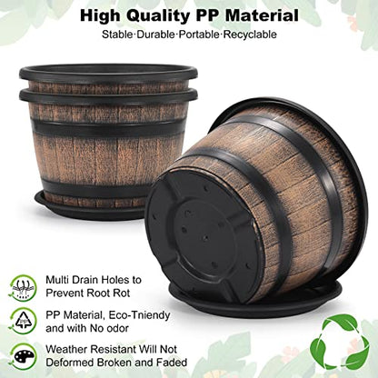 Quarut Large Plastic 4 Pack14 inch Plant Pots,Whiskey Barrel Planters with Drainage Holes & Saucer.Flower Pots Imitation Wine Barrel Design for Indoor & Outdoor Garden Balcony Plants.5 Gallons(Brown) - size: 14 inches