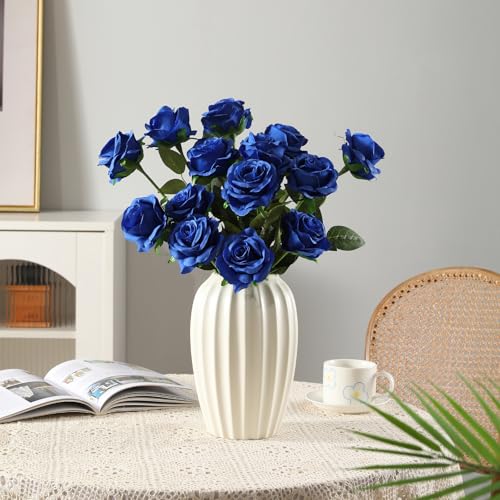 Tifuly Royal Blue Roses Artificial Flowers -12 pcs Realistic Single Long Stem Fake Silk Roses Bouquet for Party Home Wedding Centerpiece Office DIY Decor | 12 pcs Realistic Single Long Stem Fake Silk Roses Bouquet for Party Home Wedding Centerpiece Office
