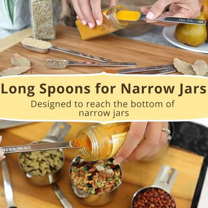 Simply Gourmet Measuring Cups & Spoons Set of 12, 18/08 Stainless Steel Kitchen Gadgets, Stackable Design with Long Handle Spoons, Fits in Spice Jars, Cooking & Baking Set for Dry & Liquid - size: 12 Piece Set