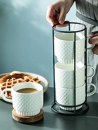 LYEOBOH Stackable Coffee Mugs with Rack, 13 oz Ceramic Coffee Mug Set of 4 with Stand, Latte Cup with Spoon, Cappuccino Cups for Hot Cocoa, Milk, White - color: White