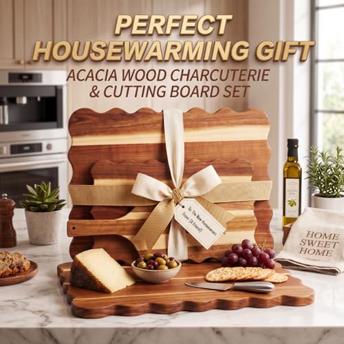 Novabright 3 Pcs Extra Large Acacia Wood Charcuterie Boards Set, Unique Wavy Edge Scalloped Cutting Boards for Kitchen, Wooden Serving Tray for Cheese Meat Fruit, Ideal Housewarming Gift (Flat Wavy) - style: Flat Wavy