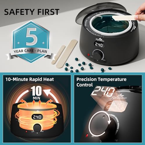 Lifestance Waxing Kit for Women & Men - L2 Digital Wax Pot Warmer | Brazilian & Bikini Hair Removal Kit with 14.1oz Hard Wax Beads & 42 Accessories, Professional for Face, Leg, Eyebrow - color: LCD (Black) Kit