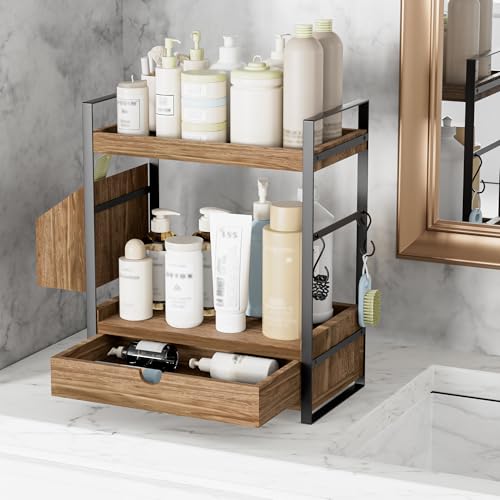 2-Tier Bathroom Counter Organizer, Wooden Vanity Shelf with Drawer & Basket | Pre-Drilled Holes, Skincare & Makeup Countertop Organizer and storage, Dark Brown - color: Dark Brown