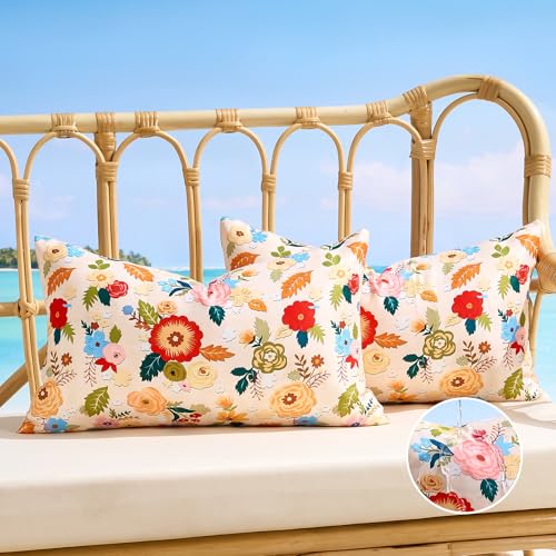 Decorative Waterproof Lumbar Pillow Covers Outdoor Pillow Covers Summer Accent Beige Floral Couch Covers Garden Farmhouse Throw Cushion Cases 12x20 Inch Set of 2 for Patio Tent Balcony Bench Sofa - color: Beige, size: 20" x 12" (Pack of 2)