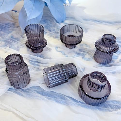 Glass Candlestick Holders, Taper Candle Holders, Set of 6, Gray | Double-sided ribbed glass taper candle holders for wedding centerpieces, parties, Christmas,Halloween, and home deco - color: Gray, size: 6 PCS