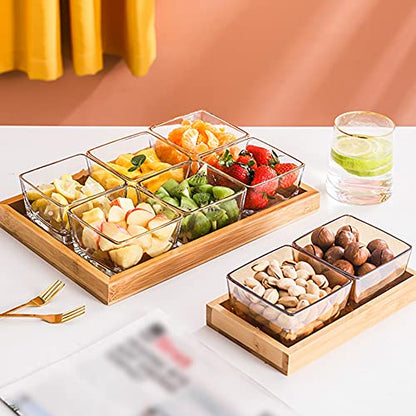 6 Compartment Glass Fruit Bowl with Wooden Tray Creative Snack Serving Tray Divided Serving Platter Reusable Ice Cream Cups Removable Salad Bowls for Snack Candy Nuts Desserts Transparent - color: Transparent, size: 6 Compartment
