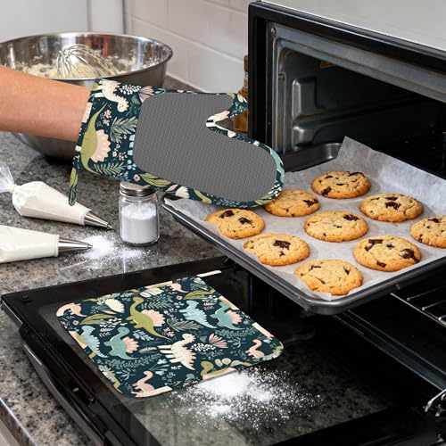 Cute Dinosaur Heat-Resistant Silicone Oven Mitts and Pot Holders 4 Piece Set,Extra Long Non-Slip Kitchen Oven Gloves for Cooking, Baking, BBQ,Grilling - color: Cute Dinosaur