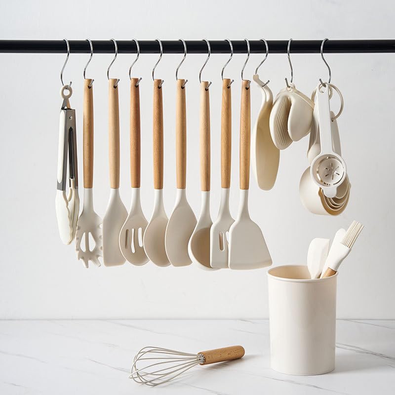 Silicone Cooking Utensils Set, 33PCS Kitchen Gadgets Tools with wooden Handle, Spoons, Spatulas, Whisk, Dishwasher Safe (Cream White, Set of 33)